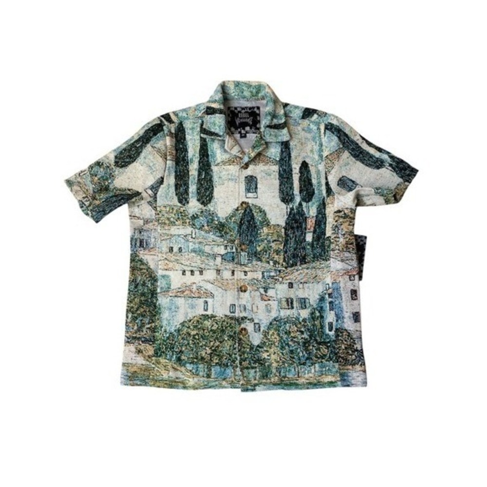 Rebel Vengeance Landscape Art Tapestry Men Button Up Shirt Green Cottagecore NWT